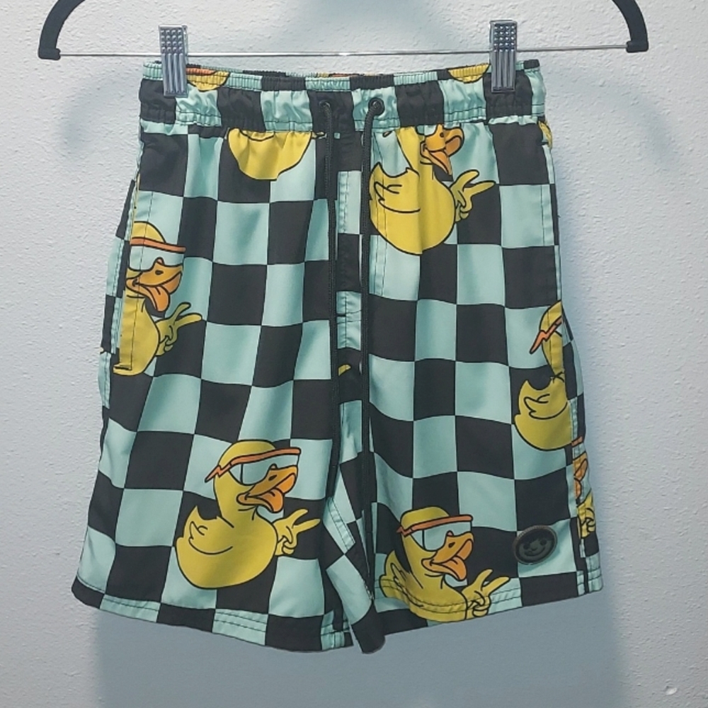 Neff Yellow Rubber Duck Print Checkered Swim Trunks Youth Size Small